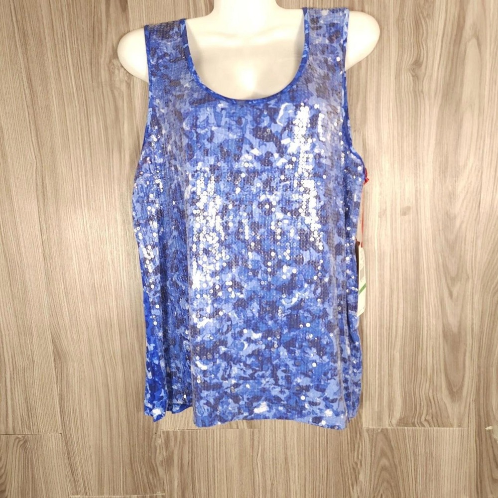 Ruby Rd Petite Shangri-La Blue Sequin Tank Top Baltic Camo Print 89353 NEW